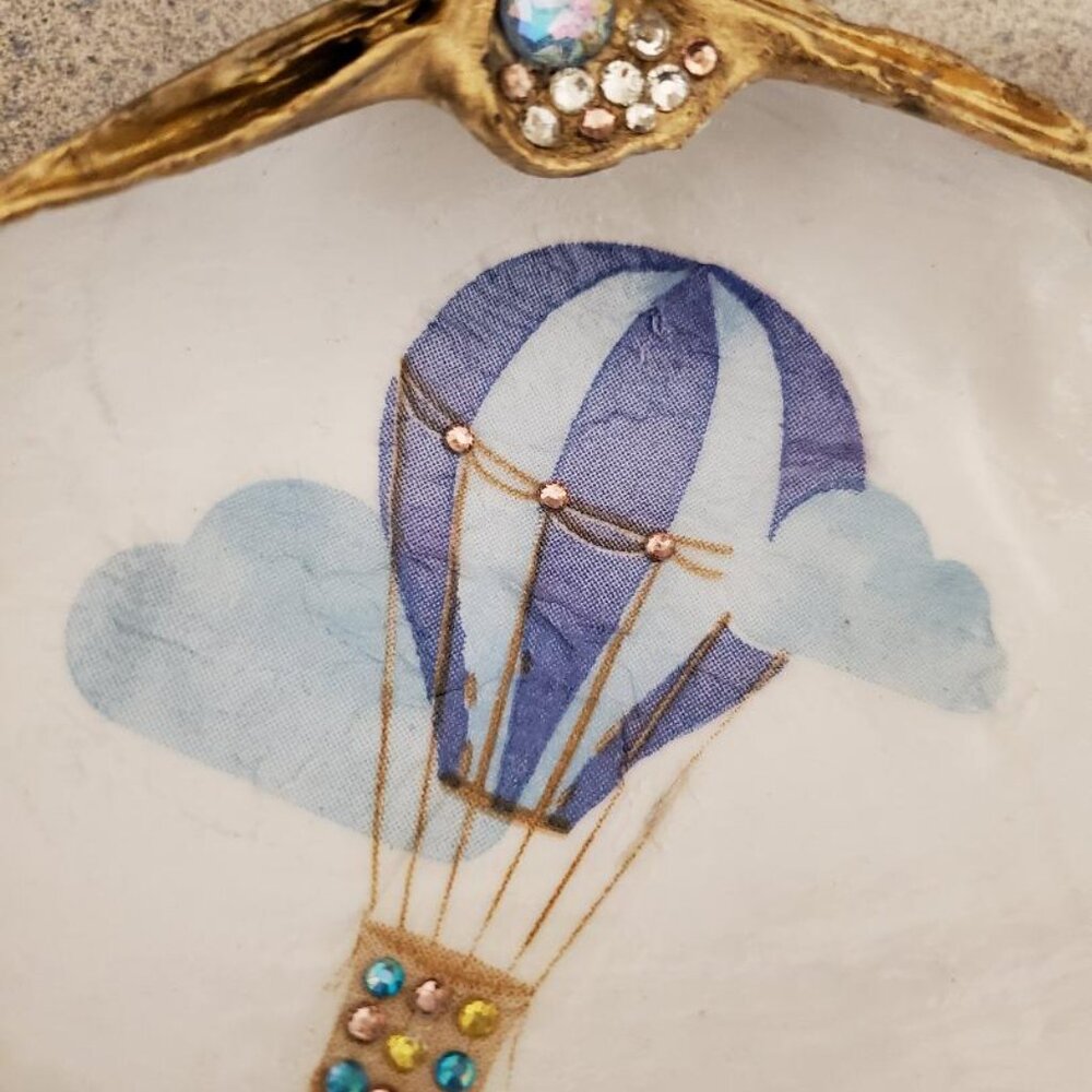 Decoupage Shell -Pretty Hot Air Balloon Gold Leaf Trim Trinket Dish - Picture 2 of 5